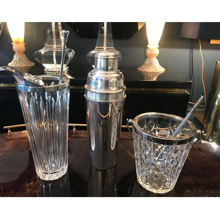 STYLISH FRENCH SILVER PLATED AND CRYSTAL COCKTAIL MIXING JUG AND MUDDLINGSPOON