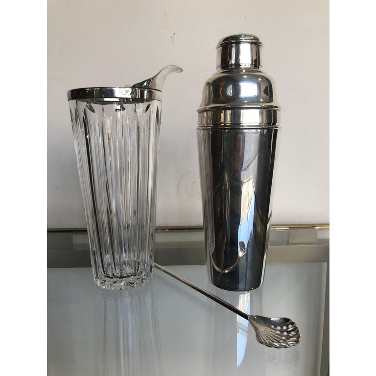 STYLISH FRENCH SILVER PLATED AND CRYSTAL COCKTAIL MIXING JUG AND MUDDLINGSPOON