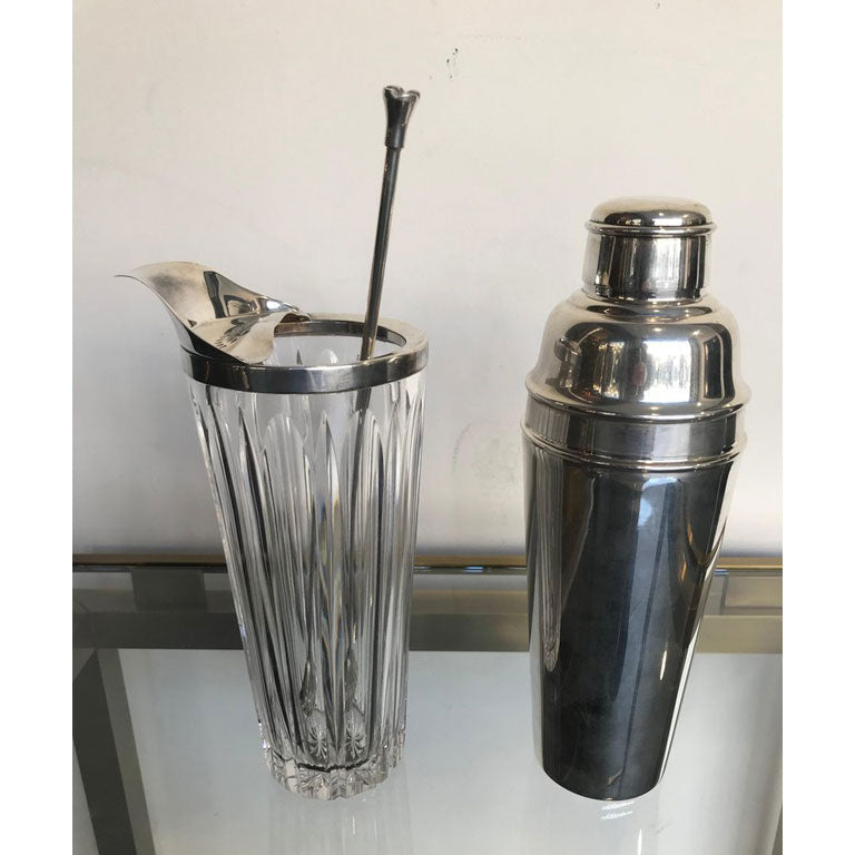 STYLISH FRENCH SILVER PLATED AND CRYSTAL COCKTAIL MIXING JUG AND MUDDLINGSPOON