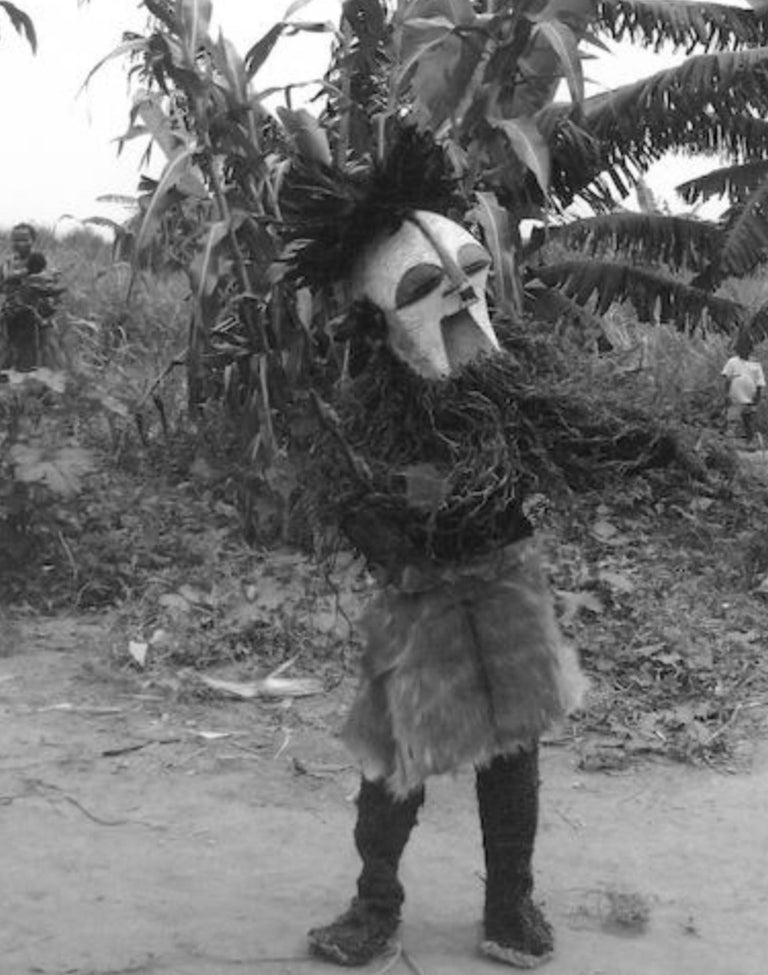 LARGE SONGYE KIFWEBE CARVED WOODEN CEREMONIAL OWL MASK WITH ORIGINAL RAFFIA