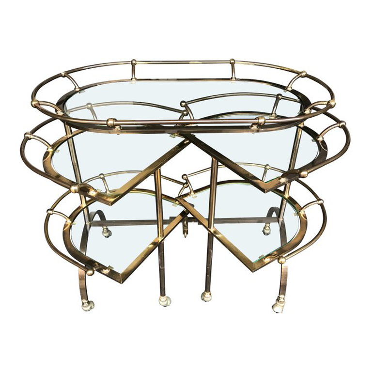 UNIQUE GILT METAL BAR TROLLEY WITH SWING OUT SHELVES