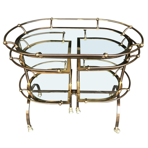 UNIQUE GILT METAL BAR TROLLEY WITH SWING OUT SHELVES