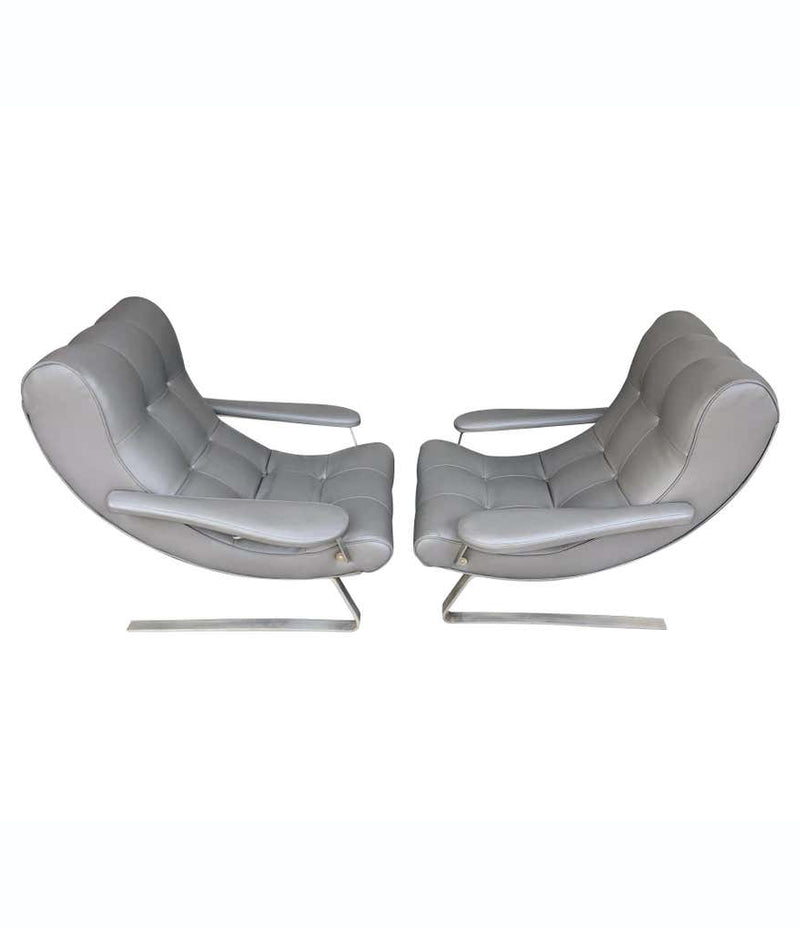 UNUSUAL PAIR OF ITALIAN 1970S CANTILEVERED ARMCHAIRS WITH BRUSHED METAL LEGS