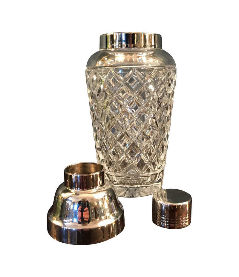 VAL ST LAMBERT RHODIUM PLATED AND CRYSTAL GLASS COCKTAIL SHAKER