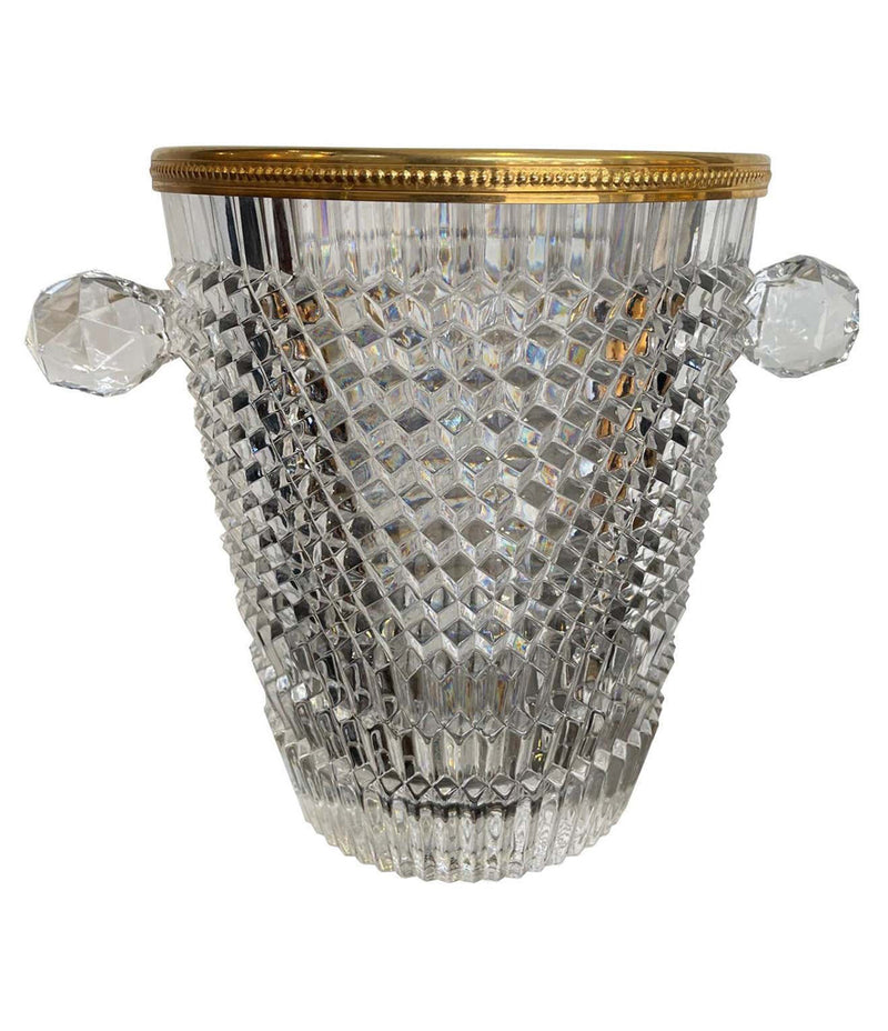 VAL ST LAMBERT FACETED CRYSTAL CHAMPAGNE BUCKET WITH GOLD PLATED DETAILED RIM