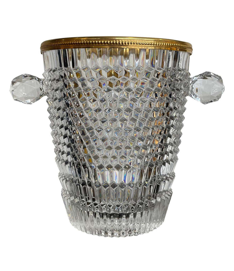 VAL ST LAMBERT FACETED CRYSTAL CHAMPAGNE BUCKET WITH GOLD PLATED DETAILED RIM