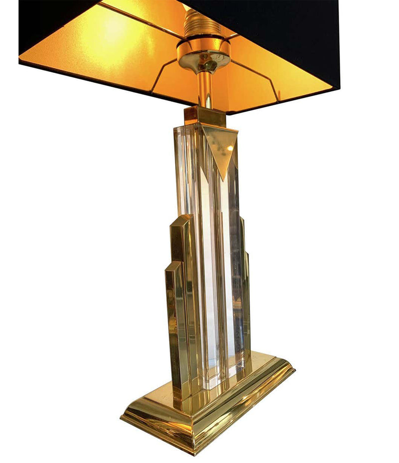 PAIR OF ART DECO STYLE LUCITE AND BRASS SKYSCRAPER LAMPS WITH BESPOKE SHADES