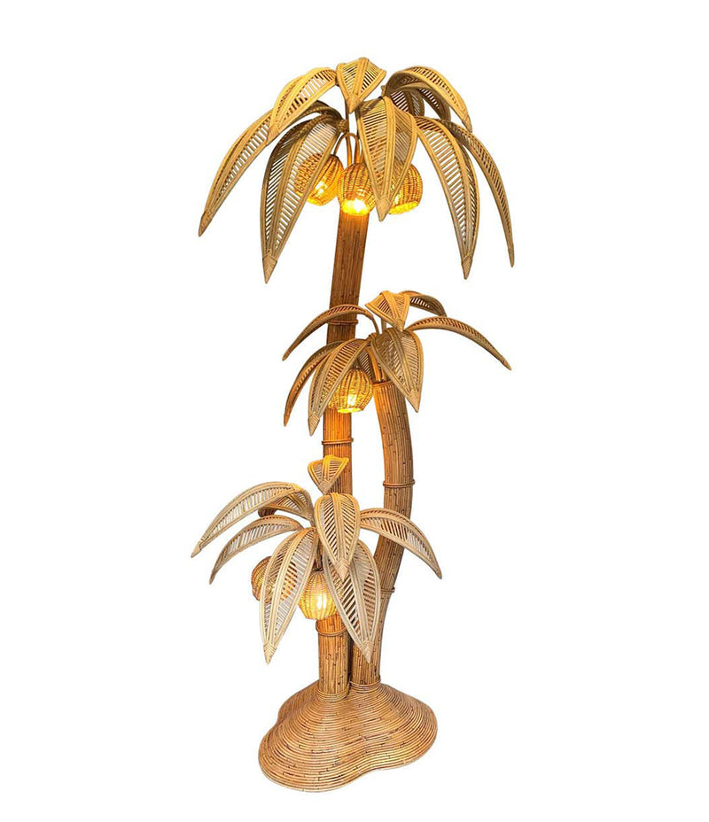 VERY LARGE BAMBOO AND RATTAN 3 STEMMED FLOOR LAMP WITH SEVEN COCONUT LIGHTS