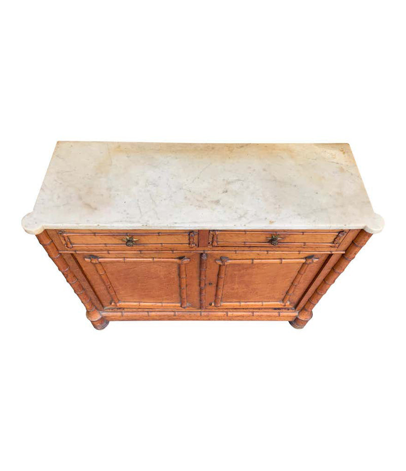 VICTORIAN BIRD’S-EYE MAPLE CONSOLE CABINET WITH FAUX BAMBOO AND MARBLE TOP