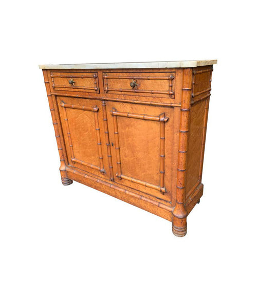 VICTORIAN BIRD’S-EYE MAPLE CONSOLE CABINET WITH FAUX BAMBOO AND MARBLE TOP