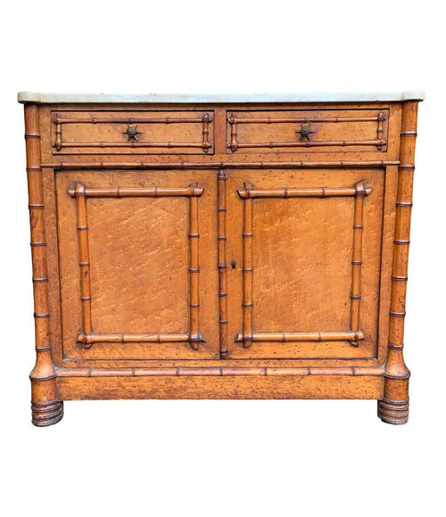 VICTORIAN BIRD’S-EYE MAPLE CONSOLE CABINET WITH FAUX BAMBOO AND MARBLE TOP