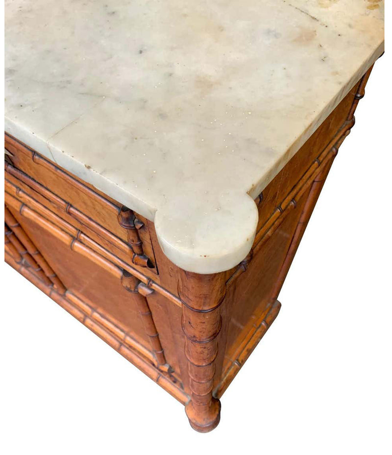 VICTORIAN BIRDS-EYE MAPLE CONSOLE CABINET WITH FAUX BAMBOO AND MARBLE TOP