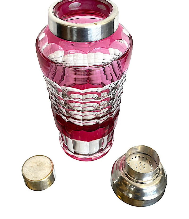 1950s Val St Lambert Verone Cranberry Cut Crystal and Silver Plated Cocktail Shaker - Vintage Cocktail - Ed Butcher Antiques