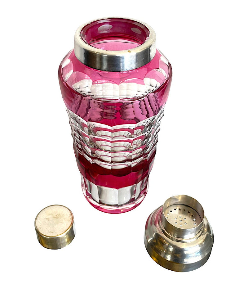 1950s Val St Lambert Verone Cranberry Cut Crystal and Silver Plated Cocktail Shaker - Vintage Cocktail - Ed Butcher Antiques